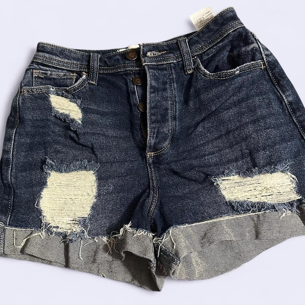 Hollister Dark Blue Distressed High-Rise Mom Jean Shorts